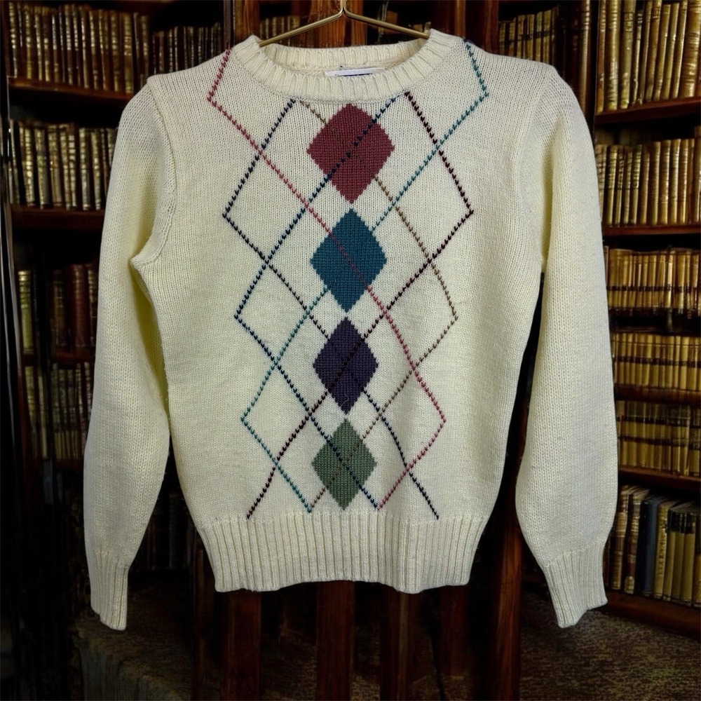 Vintage Skiva Argyle Cream Sweater Fitted Acrylic Size S Academia